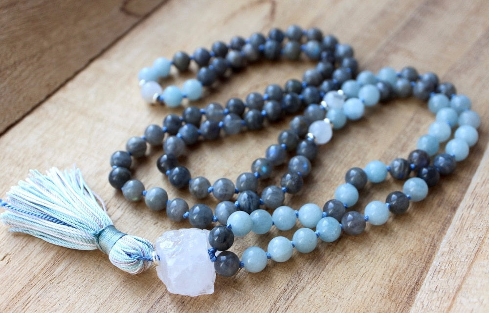 Labradorite Aquamarine Mala Prayer Bead Necklace